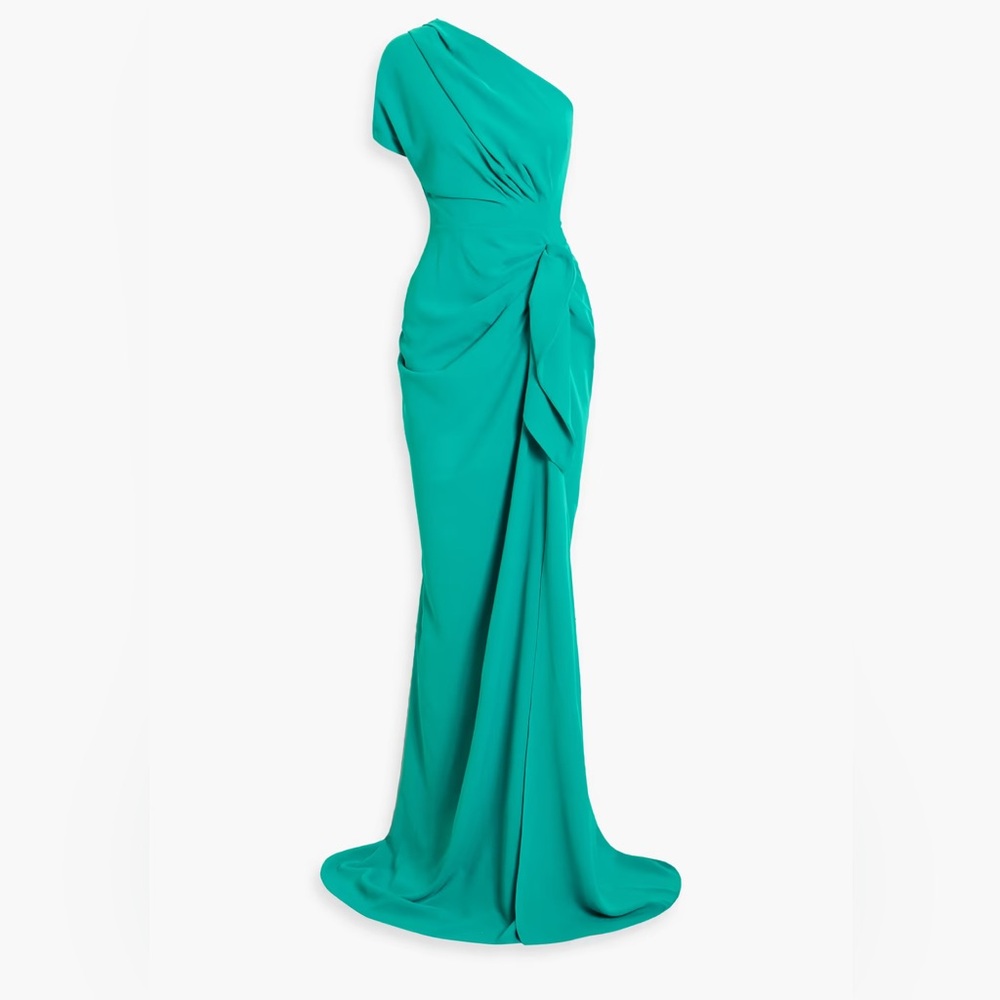 RHEA COSTA One-shoulder draped cady gown (worn once)